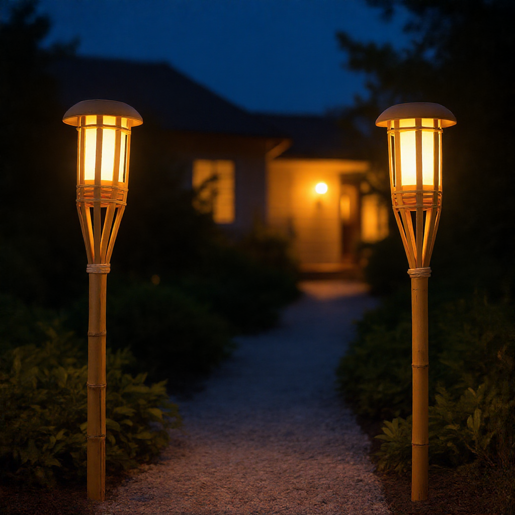 Solar bamboo flame torch lights lining a gravel garden path at night