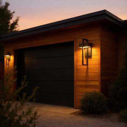 Scandinavian geometric wall lamp on a wood-clad modern facade at dusk