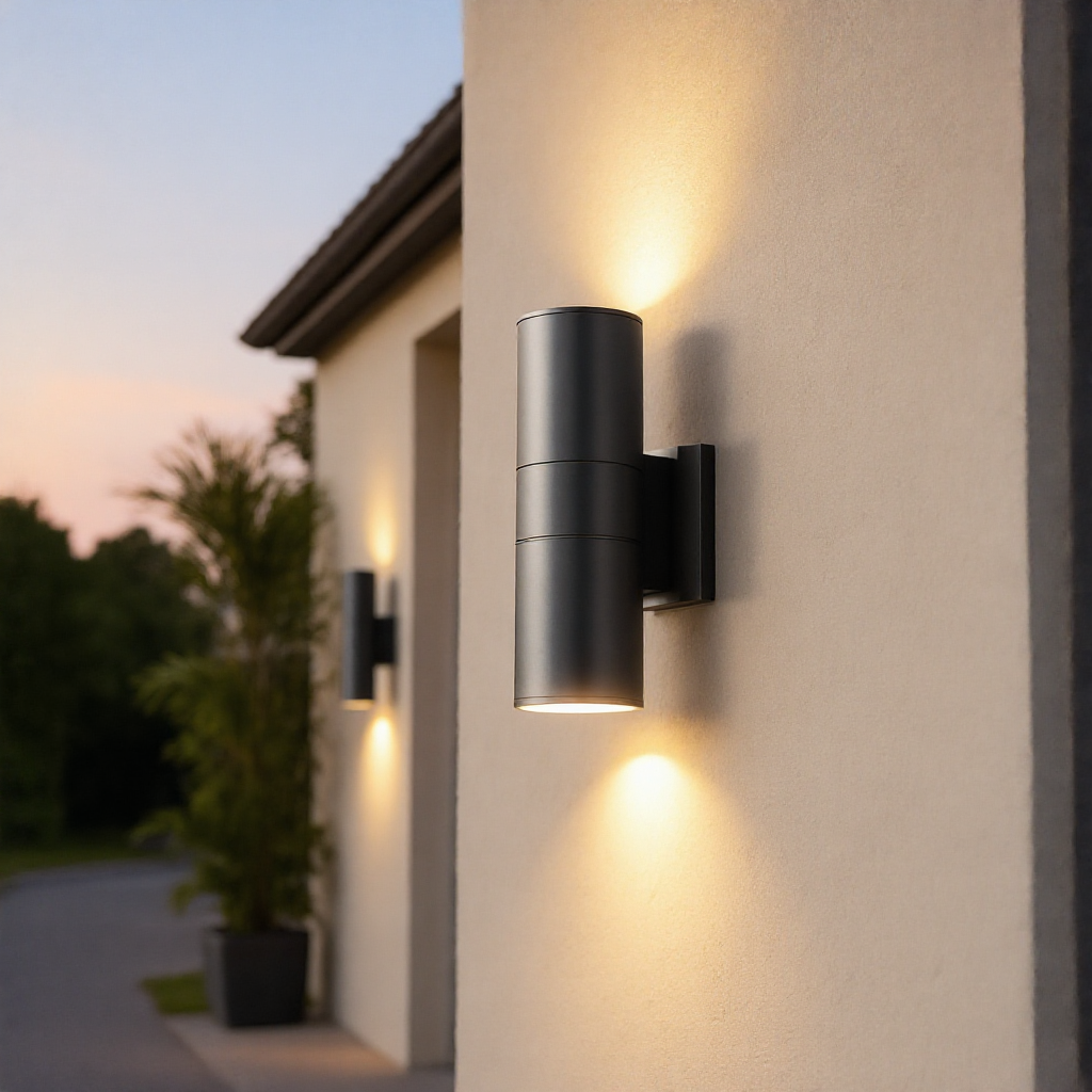 Grey up down LED wall sconce on a cream facade at dusk