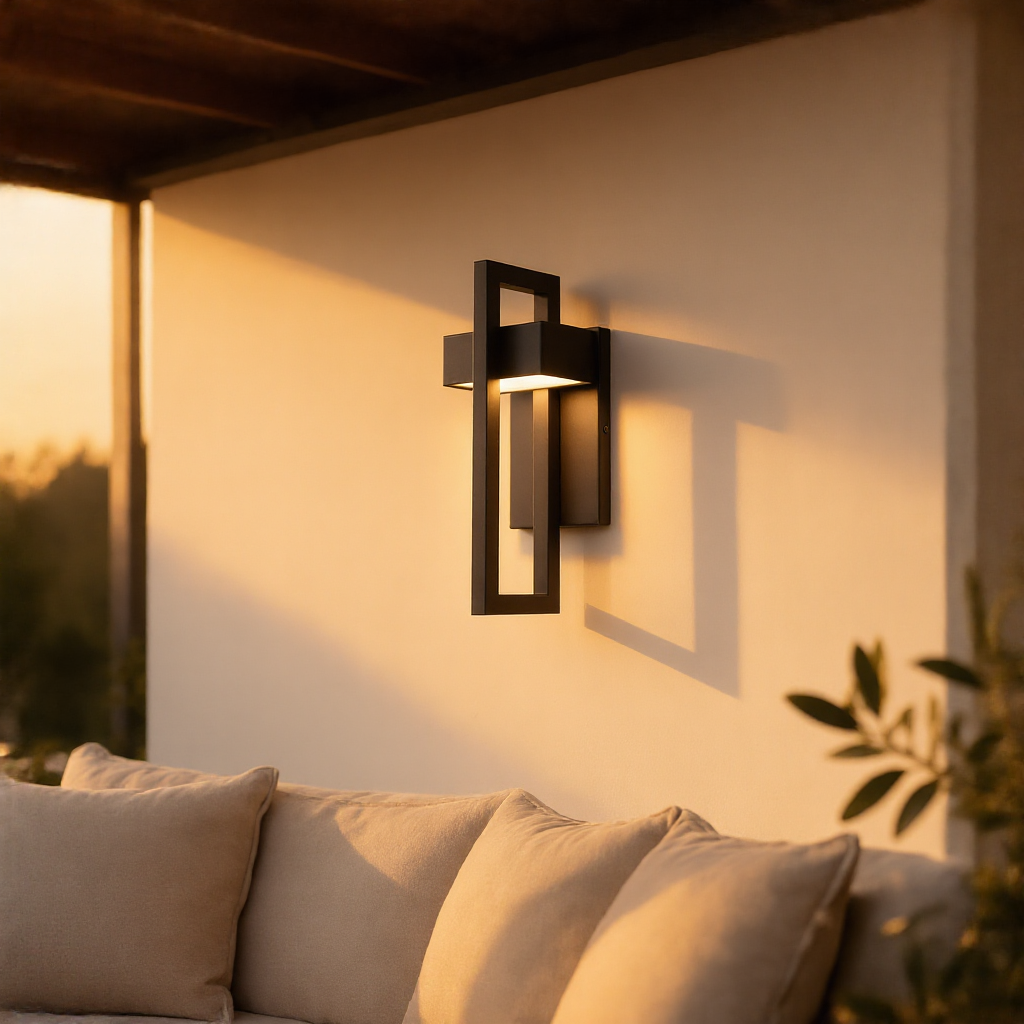 Scandinavian geometric wall lamp on a cream terrace wall at golden hour