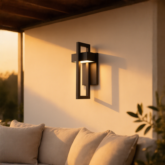 Scandinavian geometric wall lamp on a cream terrace wall at golden hour
