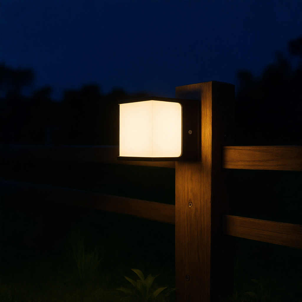 AeroCube square LED wall light on a fence line beside a lawn at night