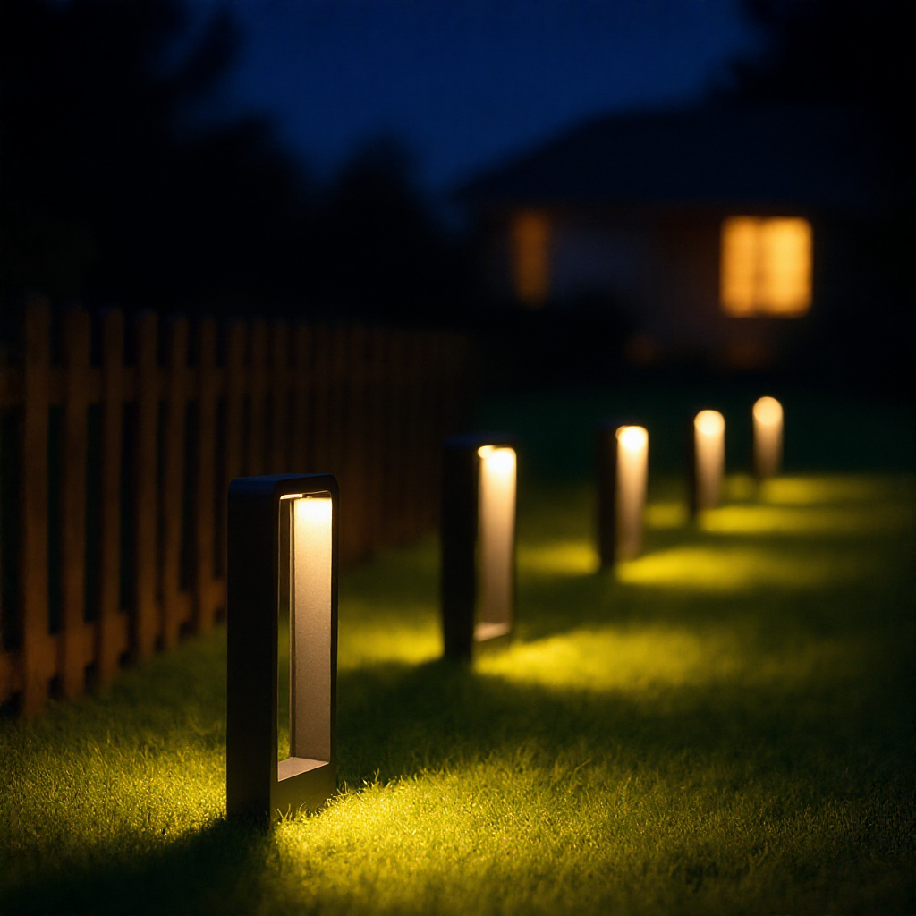 GardenGlow LED bollard lights lining a lawn edge at night