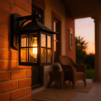 Camden vintage lantern wall sconce glowing on a brick porch wall at dusk