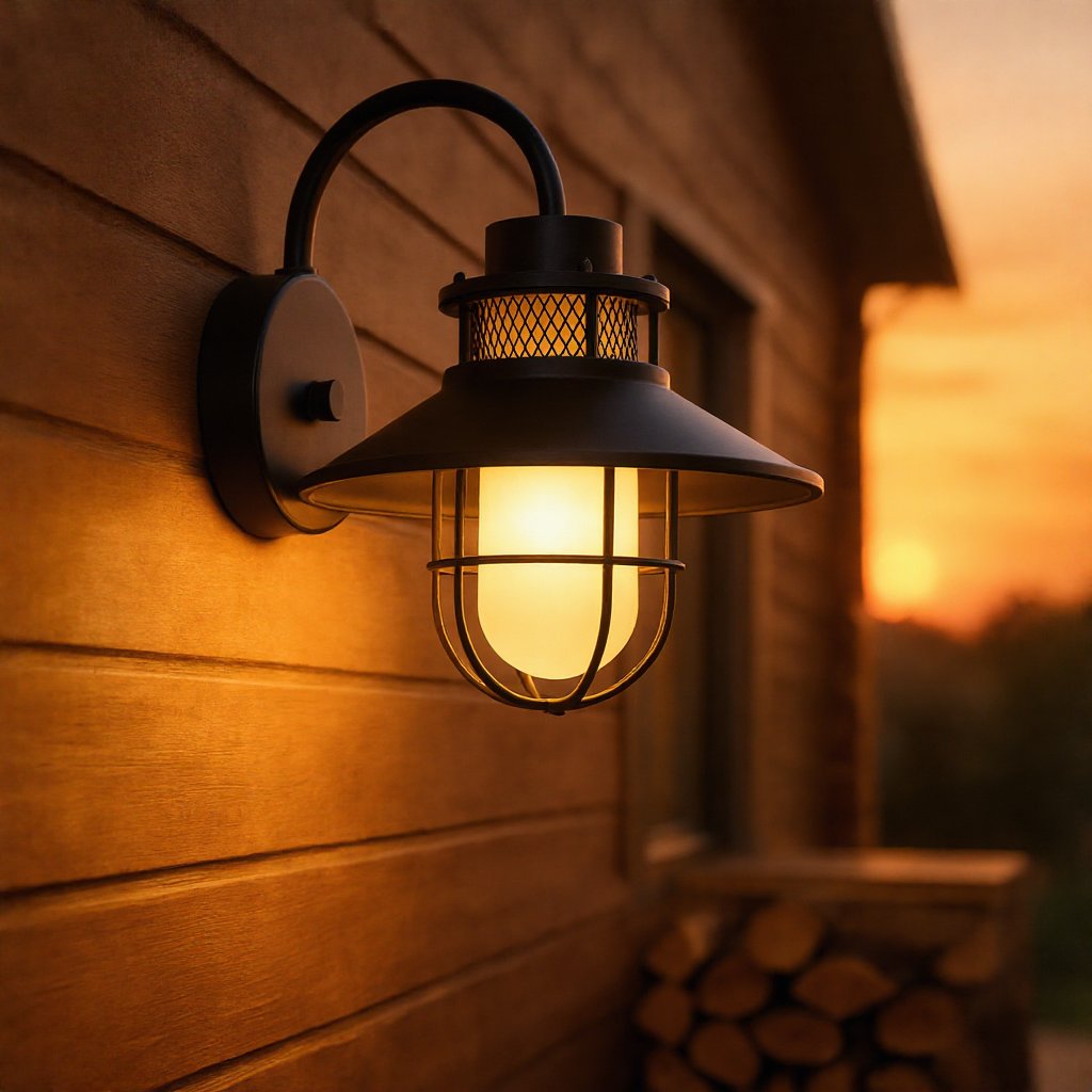 Felix industrial cage wall lamp on a wood veranda wall at golden hour