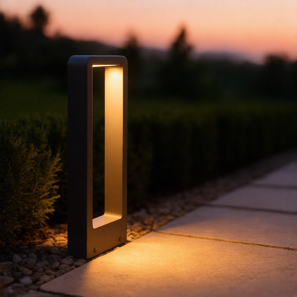 GardenGlow LED bollard light along a gravel garden pathway at dusk