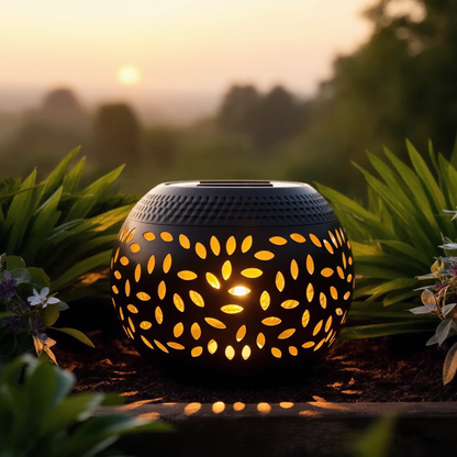 LumoPattern solar garden lantern glowing among flower beds at dusk