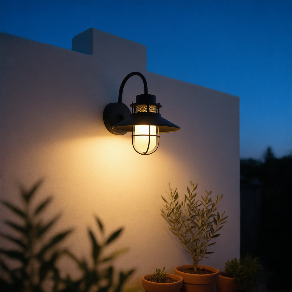 Felix industrial cage wall lamp on a cream courtyard wall at blue hour