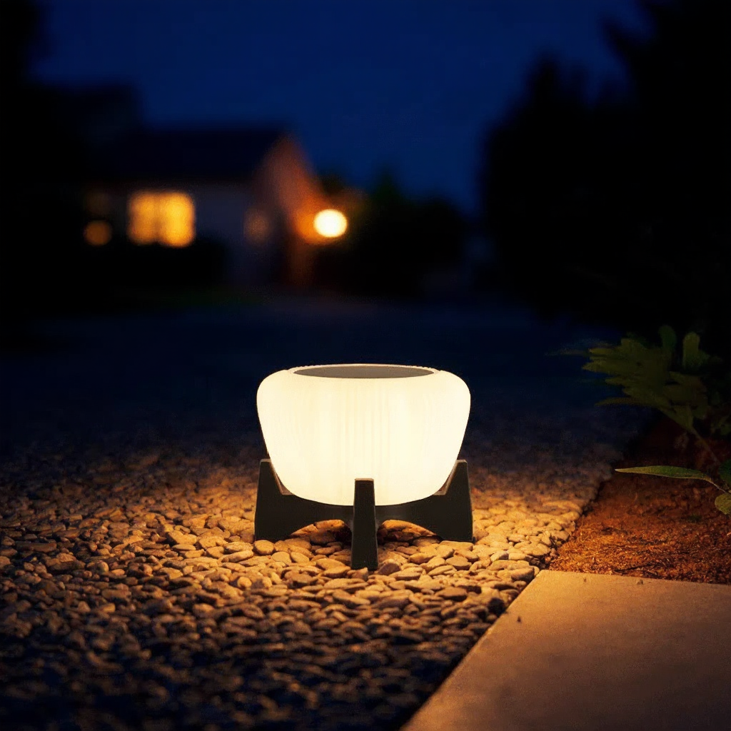 Solar landing pathway light casting a warm pool of light on a driveway at night