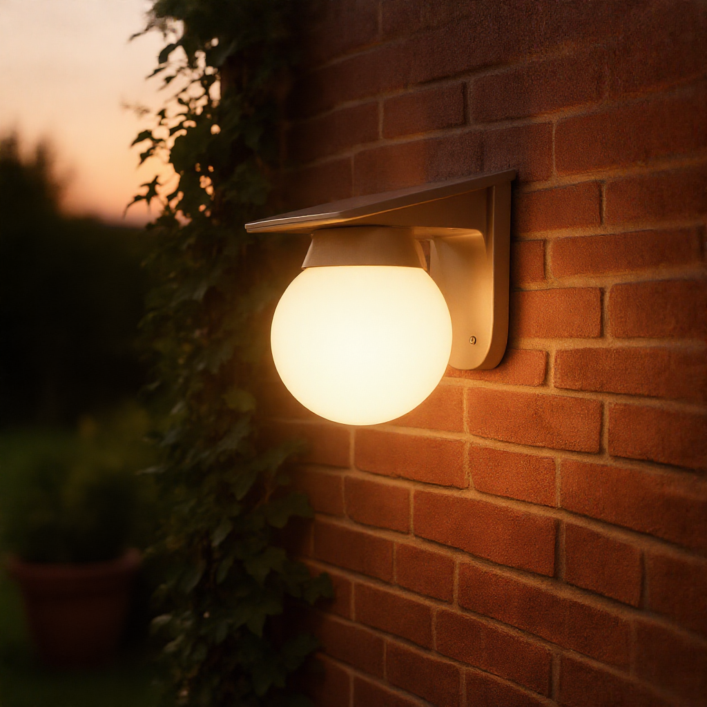 Solar globe wall light glowing on a brick garden wall at dusk