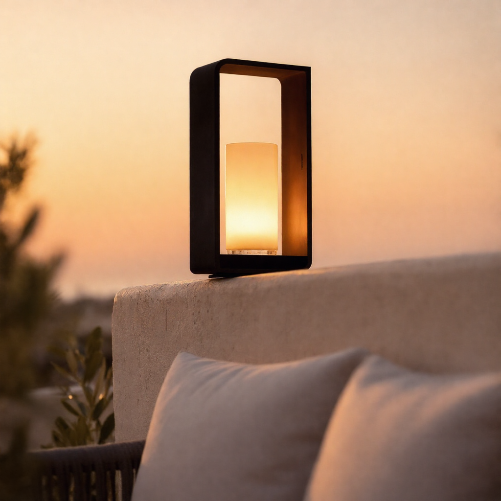 Modern square outdoor LED light on a cream patio wall at golden hour