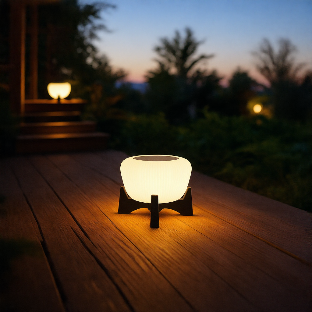 Solar landing pathway light glowing on a wood deck edge at dusk