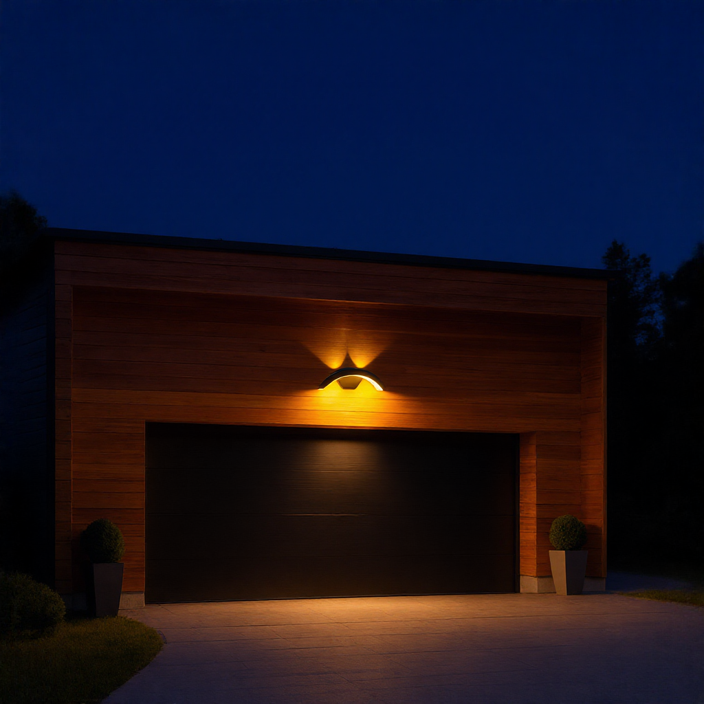 StormLite exterior wall lantern on a wood-clad garage facade at night