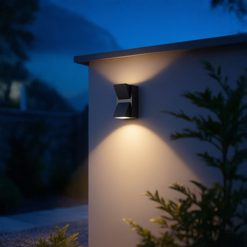 Compact black up down LED wall light on a cream garden wall at blue hour
