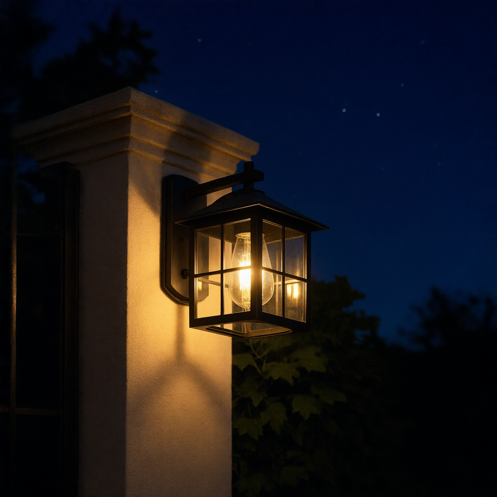 Camden vintage lantern wall sconce on a stone gate pillar at night