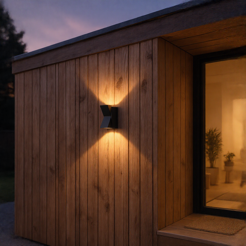 Compact black up down LED wall light on a wood porch wall at dusk