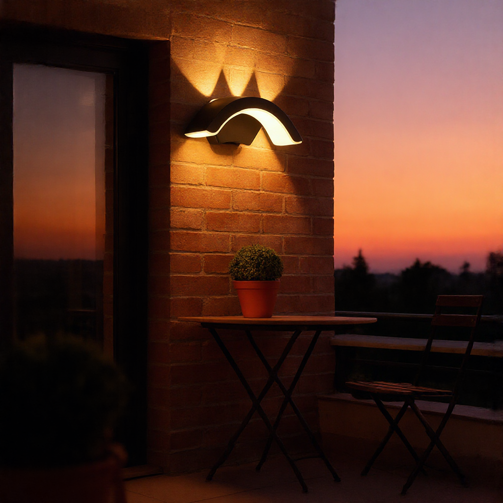 StormLite exterior wall lantern on a brick balcony wall at dusk